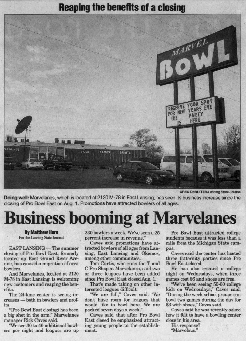Marvelanes (Marvel Bowl, Pins & Pints) - November 2001 Article Mentioning Pro-Bowl East Closing (newer photo)